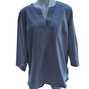 TALBOTS Women’s Sz XL Tunic Blue/White 3/4 Sleeves V-Neck Popover 100% Cotton